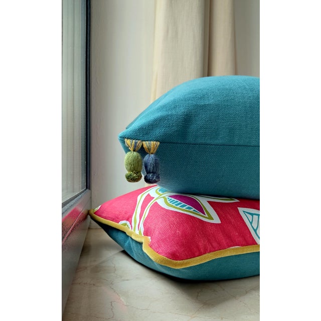 Vibrant Cottagecore Charm: Hana Chess in Ruby + Romo Miro in Beijing Blue + Down-Feather Filled Pillows = a Set of 4 For Sale - Image 12 of 17