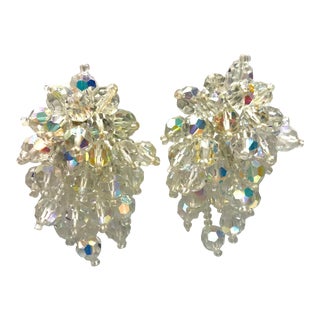 1960s Lois Ann Signed Aurora Borealis & Seed Bead Burst Cluster Clip Earrings - 2 Pieces For Sale