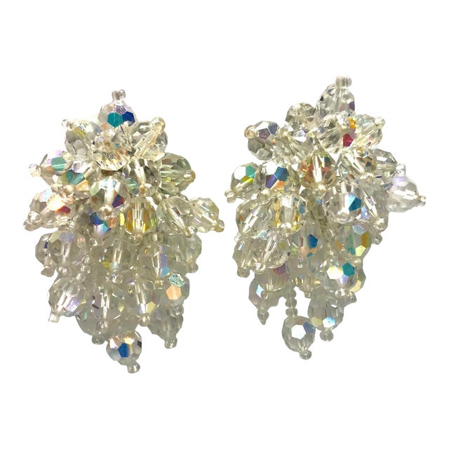 1960s Lois Ann Signed Aurora Borealis & Seed Bead Burst Cluster Clip Earrings - 2 Pieces For Sale