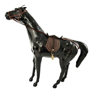Vintage Black Equestrian Horse Sculpture With Leather Saddle & Bridle For Sale