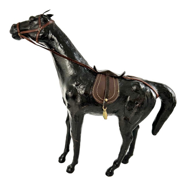 Vintage Black Equestrian Horse Sculpture With Leather Saddle & Bridle For Sale