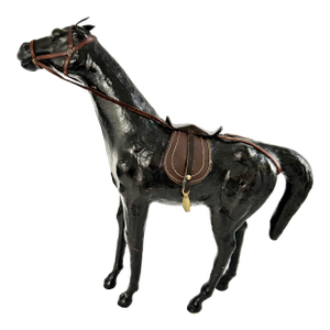 Vintage Black Equestrian Horse Sculpture With Leather Saddle & Bridle