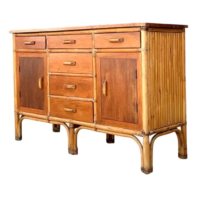Vintage MCM Bamboo and Wood Credenza For Sale