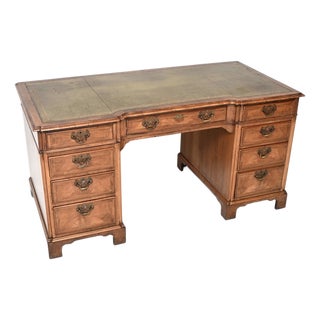Large Antique Walnut Leather Top Pedestal Desk, 1900 For Sale