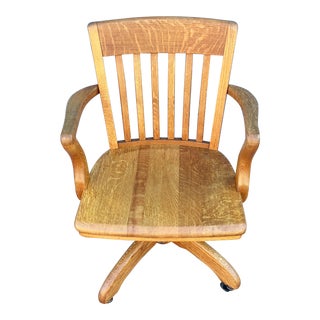 Vintage Oak Spring Tension Tilt Rolling Banker Chair For Sale
