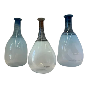 Trio of Signed Kosta Boda "Spirit" Handblown Art Glass Vases by Bertil Vallien With Infused Black Spirals, Mid 20th Century
