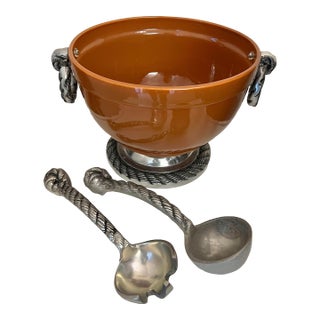 Ceramic & Pewter Footed Serving Bowl Set With Silver Accents - 3 Pieces For Sale