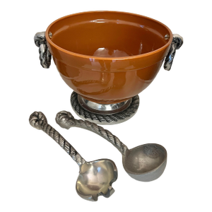 Ceramic Salad Serving Bowl Set With Silver Accents - 3 Pieces