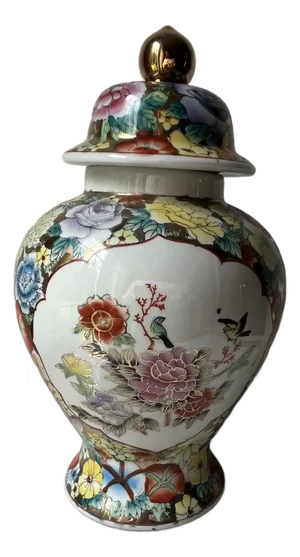 Vintage Chinese Porcelain Oriental Ginger Jar Urn Vase W/ Floral Birds Design