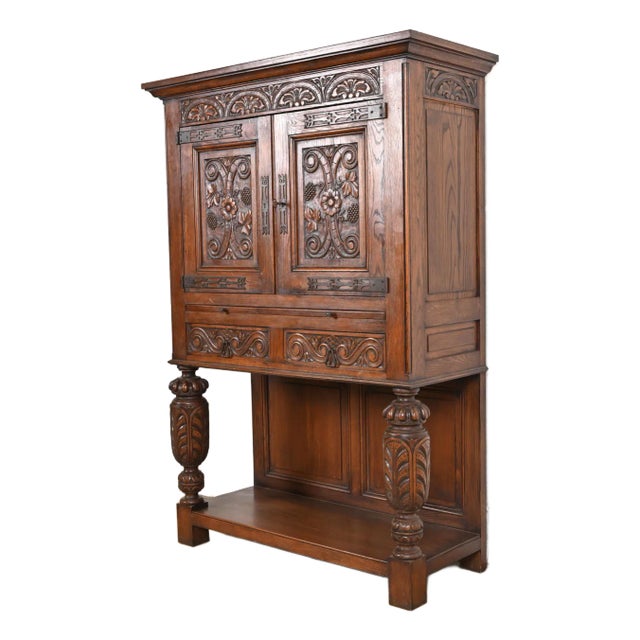 R. J. Horner Style English Jacobean Carved Oak Bar Cabinet, Circa 1900 For Sale