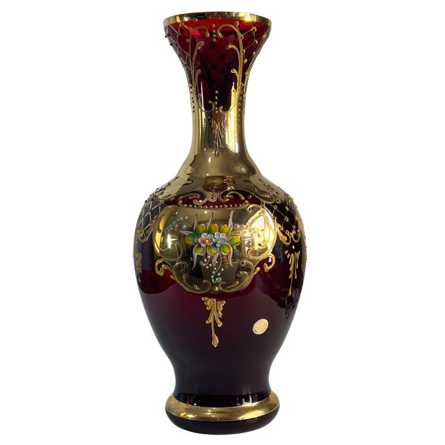 Murano Murano Tre Fuochi 24k Gold Floral Ruby Art Glass Vase For Sale - Image 4 of 16