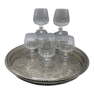 Round Wm Rogers Silver Plated Pierced Rim Serving Tray With 8 Brandy Gardone Glass by Schott-Zwiesel - Set of 9