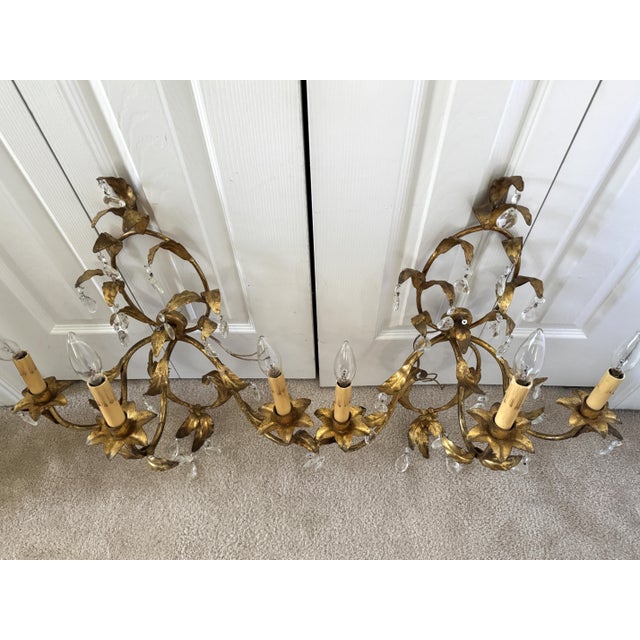 Vintage Italian Florentine Gilt Tole & Crystal Regency Wall Sconces - Pair For Sale - Image 9 of 13