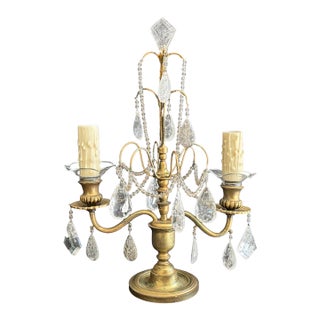 Vintage French-Style Brass and Crystal Girandole Candelabra Table Lamp For Sale