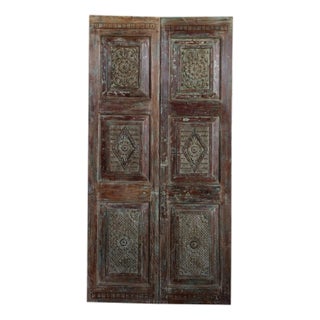 Antique Carved Wood Brass Studs Farmhouse Sliding Barn Doors - a Pair For Sale