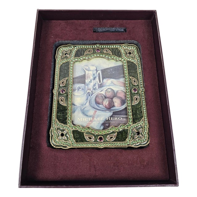 Michael Hero Jeweled Green Enamel Picture Frame in Original Box For Sale