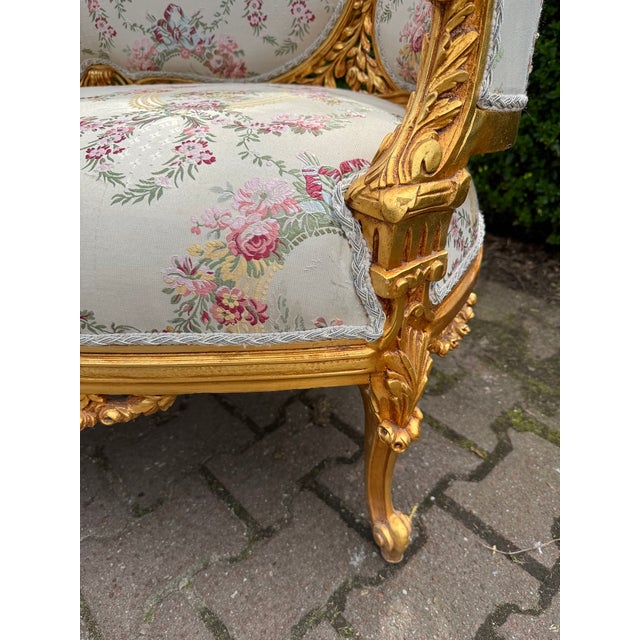 1970s 1970 French Louis XVI Gold Beech Damask Settee 1pc For Sale - Image 5 of 12