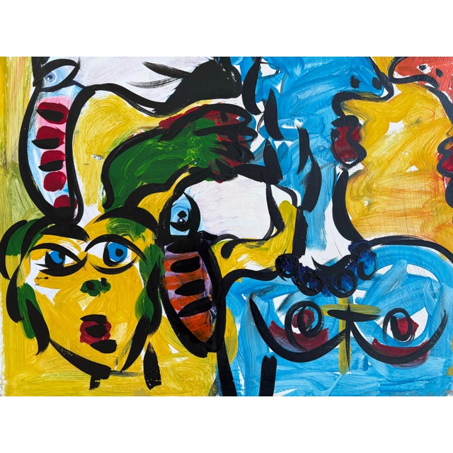 Abstract Peter Keil Abstract Painting of Figures and Toucans on Board For Sale - Image 3 of 8