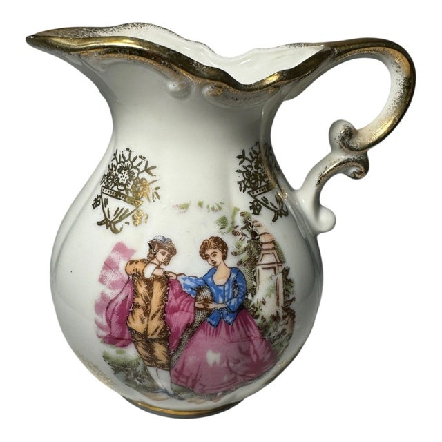 Mid 20th Century Vintage Japan Creamer and Saucer Courting Couple Victorian Scene Gold Gilt For Sale - Image 5 of 13