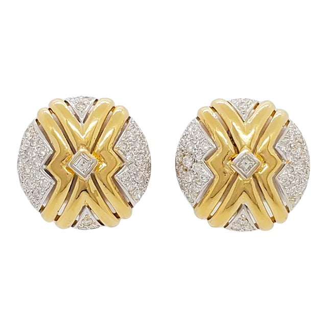 White Diamond Earring Clips in 18k Two Tone Gold - A Pair For Sale