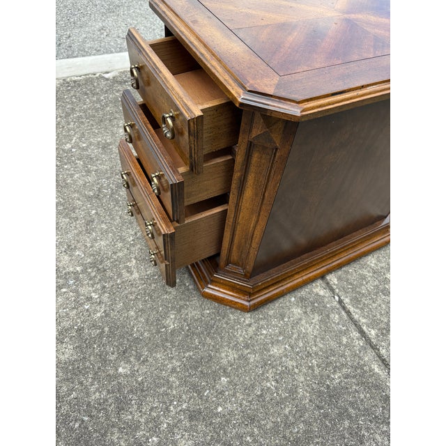 Italian Side Chest Style Table , narrow in length with Inlaid Top . Drawers are in working order.