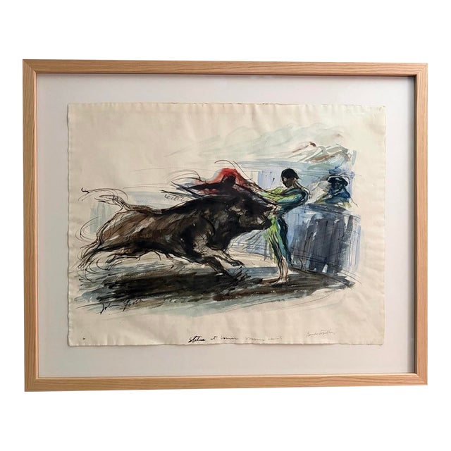 Mid-Century Original John Groth Bullfight Ink & Watercolor Drawing - Custom Archival Float Frame With Tru Vue Uv Glass For Sale