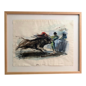 Mid-Century Original John Groth Bullfight Ink & Watercolor Drawing - Custom Archival Float Frame With Tru Vue Uv Glass