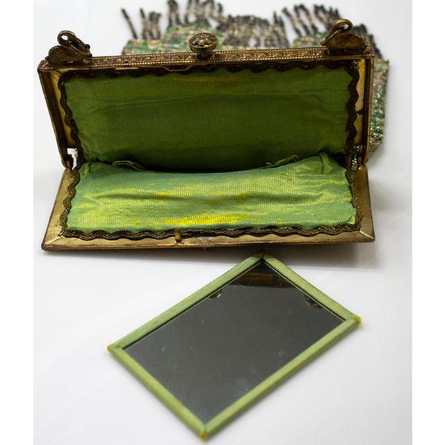1920s Art Deco Micro Beaded Bag Purse Great Condition Swans on Frame Mirror Green For Sale - Image 5 of 6