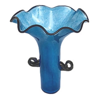 Late 20th Century Ruffled Edge Blue Art Glass Vase With Handles For Sale