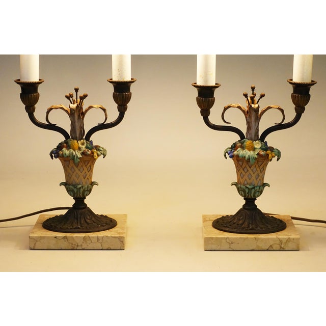 Neoclassical 1920s Matched Pair Neoclassic French Empire Regency Tole Bronze Marble Candelabra Table Lamps For Sale - Image 3 of 12