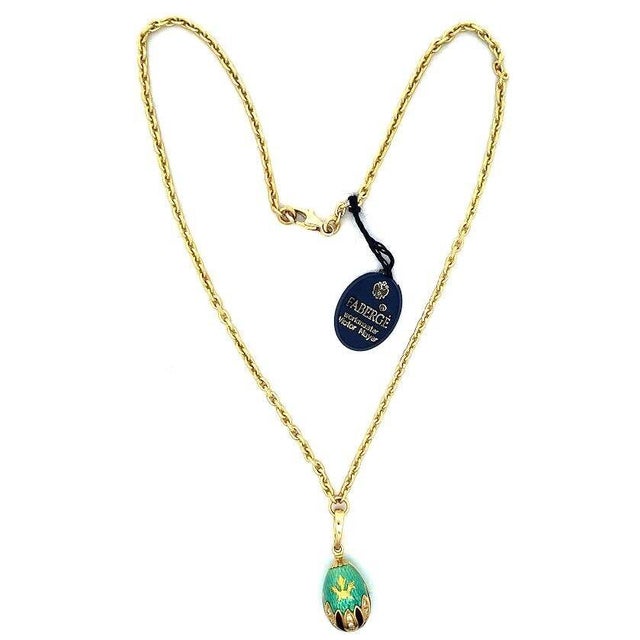 Metal Faberge Diamond Egg Pendant Necklace 18k Yellow Gold Guilloche Enamel For Sale - Image 7 of 8