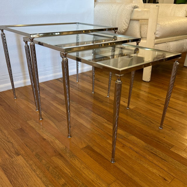 Metal 1960s French Nickeled Nesting Tables With Glass Tops Maison Jansen Attributed Set of 3 For Sale - Image 7 of 12