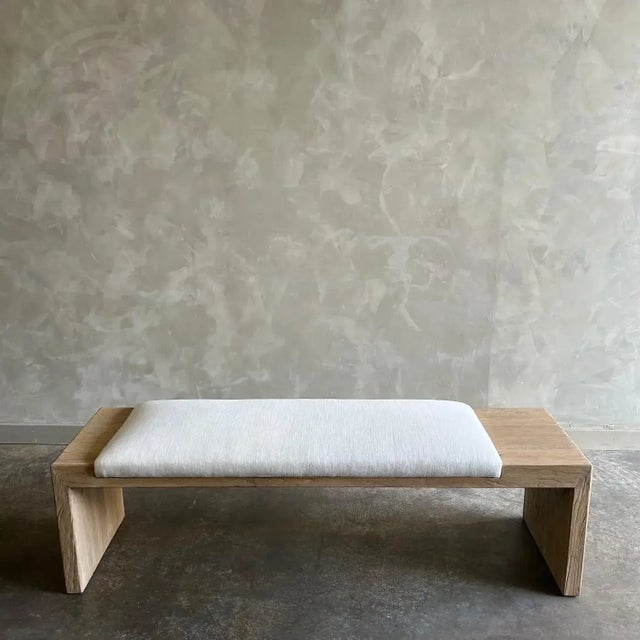 Elm Wood Bench With Linen Upholstery - Off Center For Sale In Los Angeles - Image 6 of 9