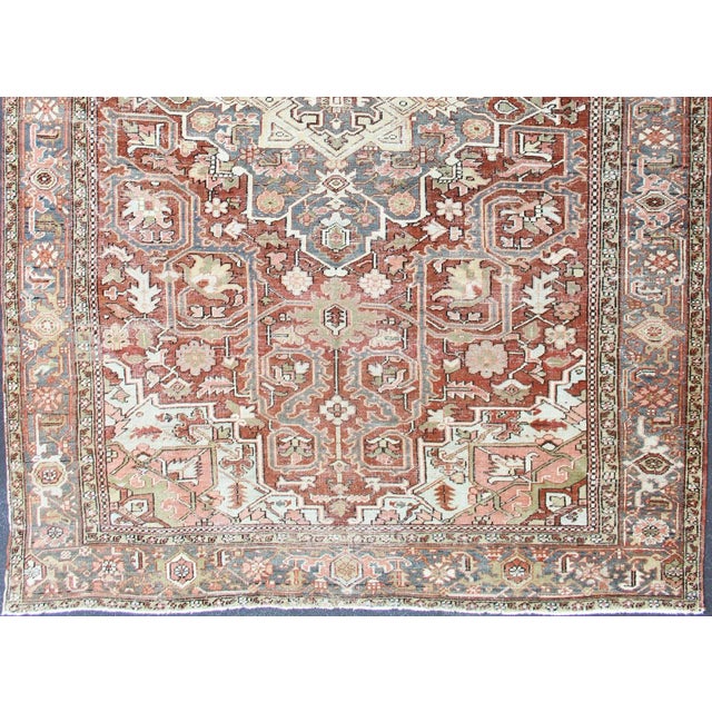 Tribal Persian Heriz With Geometric Medallion in Soft Red, Gray Blue With Soft Greens 7'6 X 10'8 For Sale - Image 3 of 13