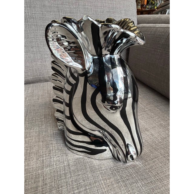 Fitz and Floyd Silver and Black Ceramic Zebra Vase For Sale - Image 9 of 10