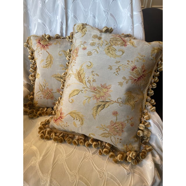 English Pair Aubusson Fringed Floral Pillows (15”x18”) With Down Inserts: Seafoam, Celadon, Coral & Gold For Sale - Image 3 of 12