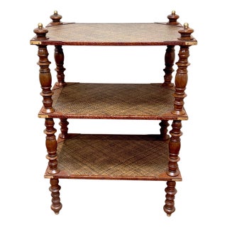 Three-Tier Anglo-Indian Leather, Brass & Rattan Étagère/ Shelf For Sale