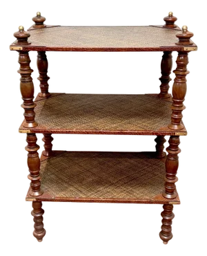 Three-Tier Anglo-Indian Leather, Brass & Rattan Étagère/ Shelf