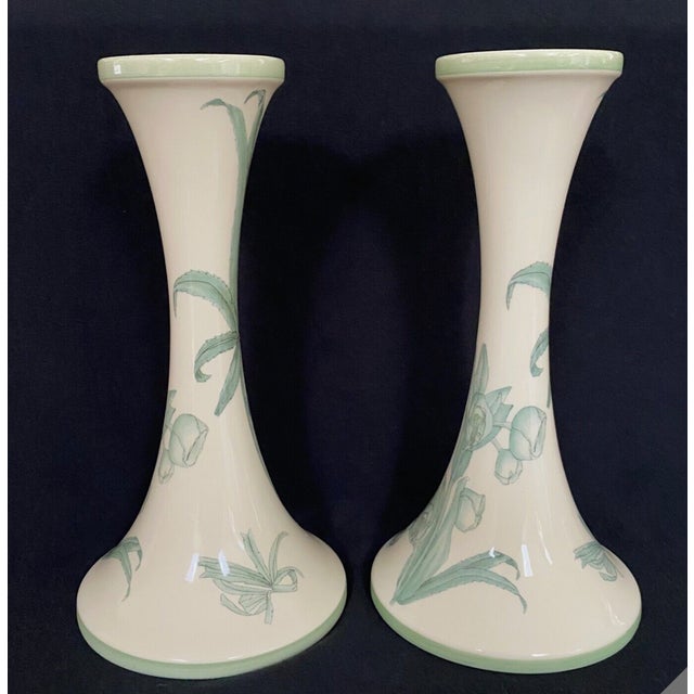 Vintage pair of Halcyon Days candlesticks with design of Green Hellebores inspired by a 1915 Charles Rennie Mackintosh...