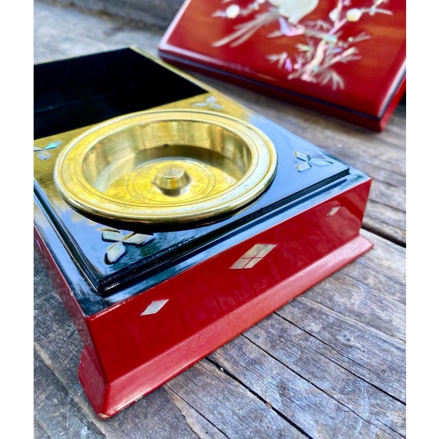 Vintage Japanese Red Lacquer Smoking Box With Mother-of-Pearl Birds and Brass Ash Receiver For Sale - Image 10 of 16