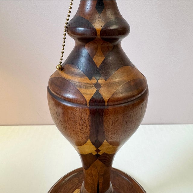 1940s Mid-Century Turned Mixed Wood Lamp With Shade For Sale - Image 5 of 8