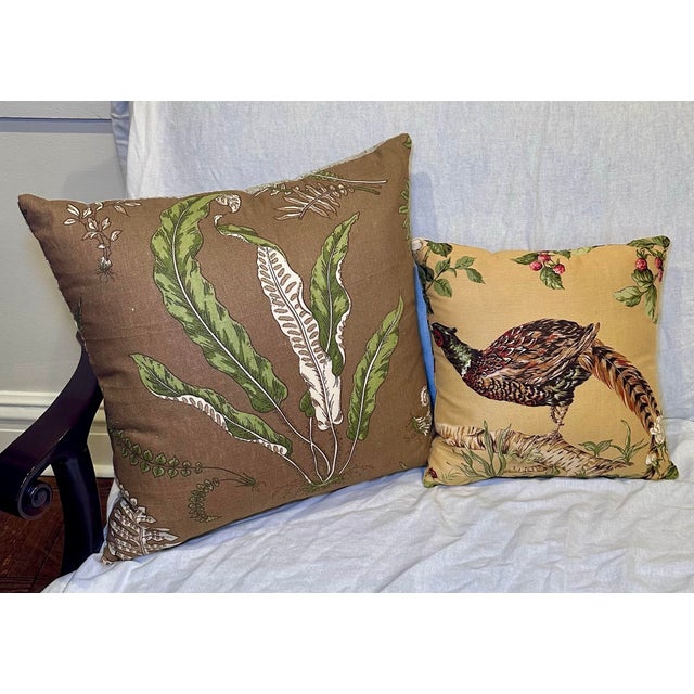 Pair of Custom Linen Throw Pillows – Salamandre Pheasant & Botanical Leaf, Down Alternative Inserts For Sale - Image 10 of 10