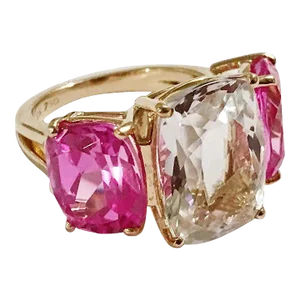 Christina Addison Rock Crystal and Hot Pink Topaz Yellow Gold Three-Stone Cushion Ring