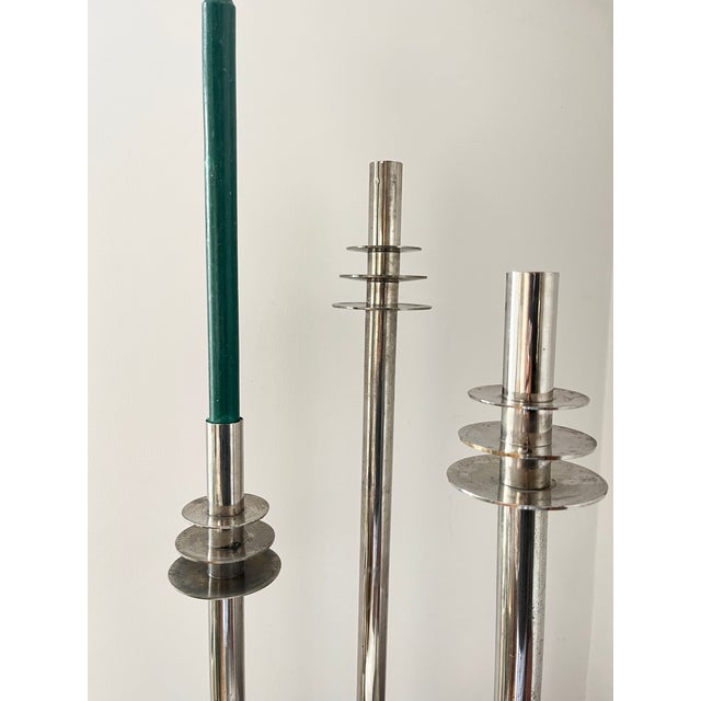 Vintage Art Deco Modernist Chrome Candlesticks, 1930s, Set of 3 For Sale - Image 4 of 17