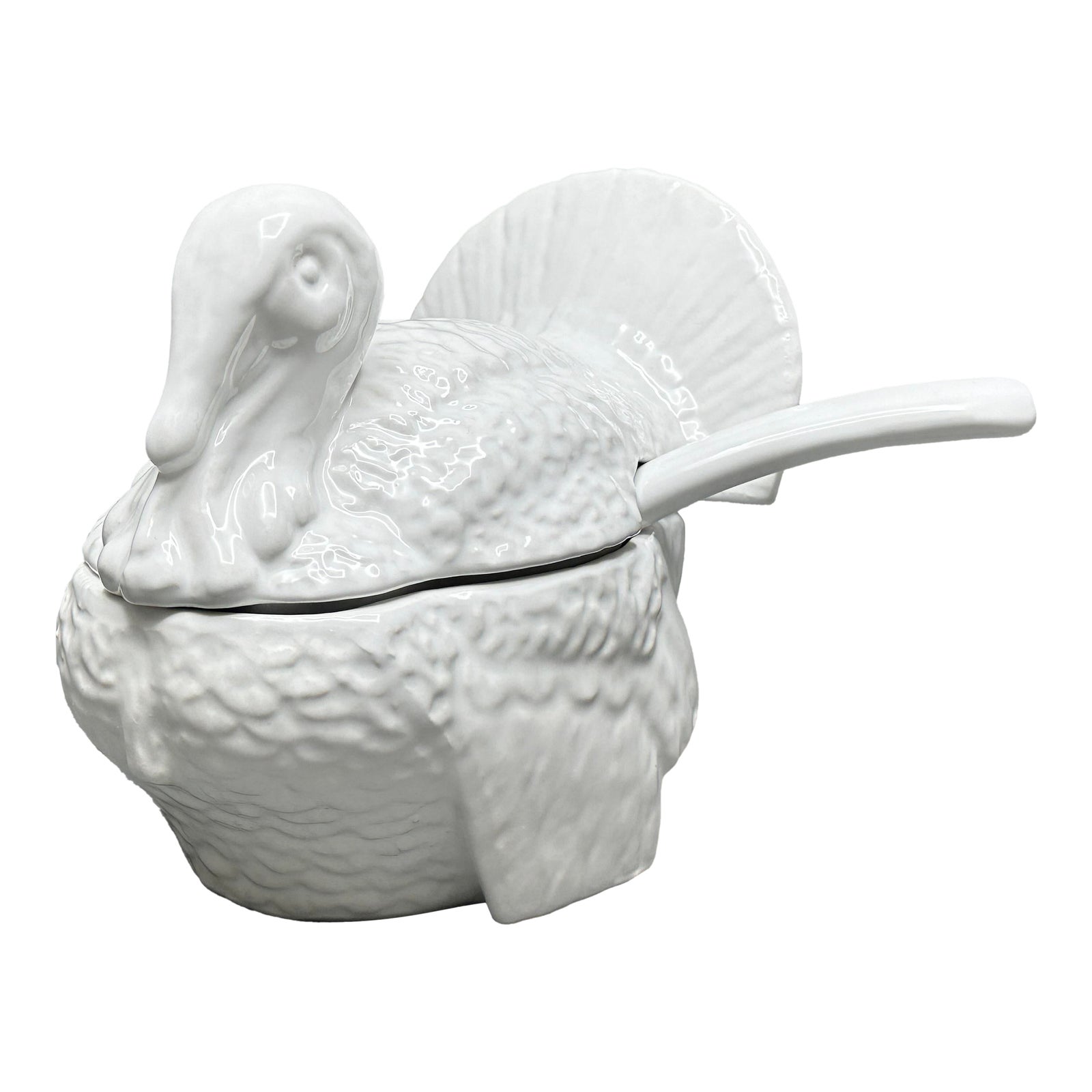 Vintage Fortunoff Lidded White Ceramic Turkey Gravy Boat With Ladle