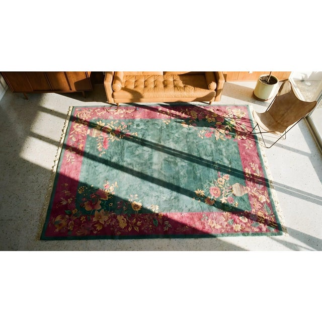Green 1920s Green Floral Antique Chinese Art Deco Rug 8'9" X 11'3" Handknotted Wool Carpet For Sale - Image 8 of 9