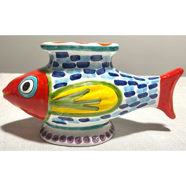 Mid-Century Modern Mid 20th Century Italian Ceramic DeSimone for Vietri Hand Painted Fish Planter Vase For Sale - Image 3 of 8