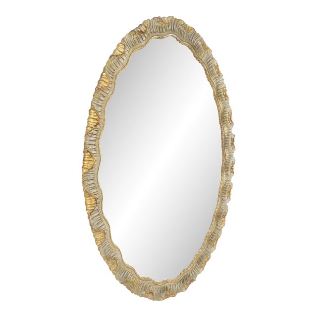 Carved Wood Scallop Edge Style Silver & Gold Gilt Oval c1970s Wall Mirror For Sale