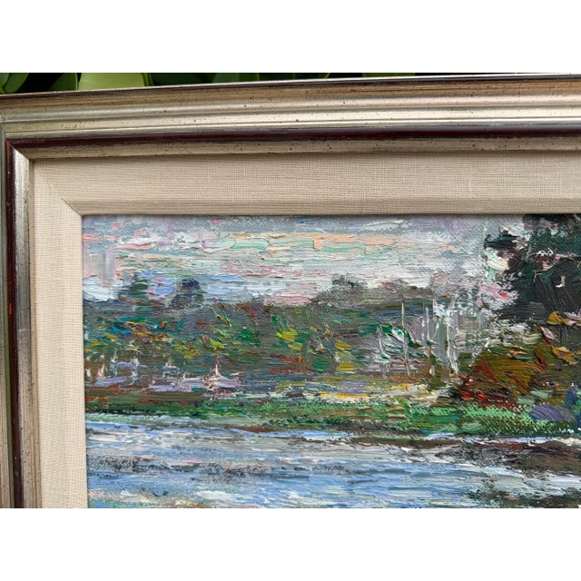 Wood Lau Chun Water Lily Landscape Oil Painting on Canvas, Framed Impressionist Pond Scene For Sale - Image 7 of 12