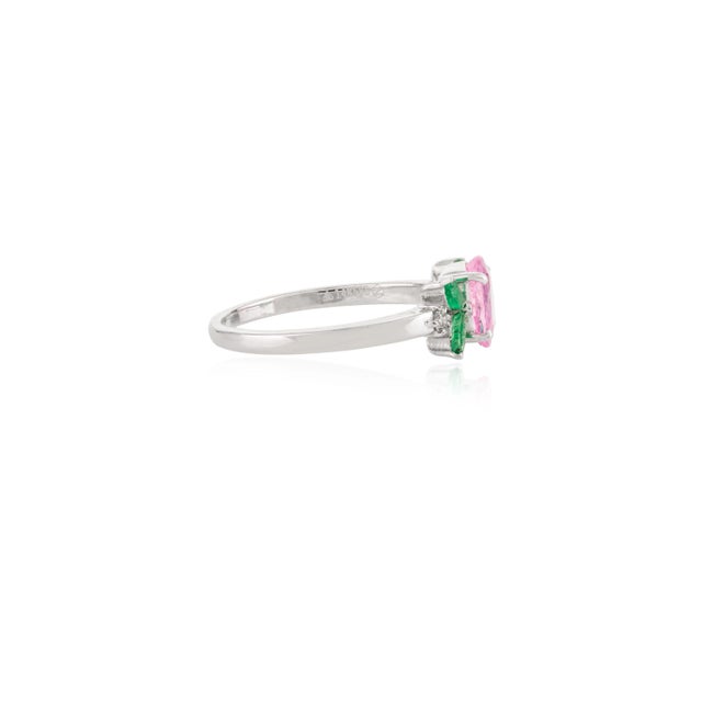 Metal Genuine Pink Sapphire and Emerald Flower Ring in 14Karat White Gold Size 7 For Sale - Image 7 of 13